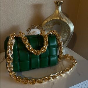 Bottega Veneta Emerald Green Quilted Shoulder Bag with Gold Chain